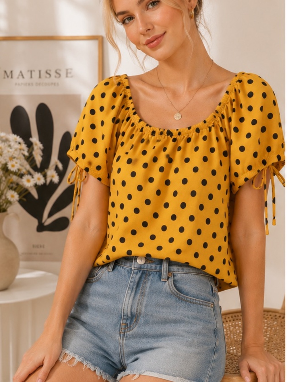 Polka Dot Peasant Blouse - Mustard Yellow